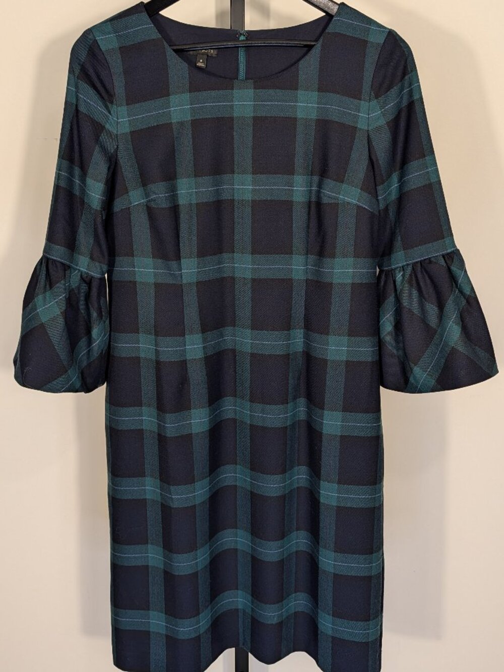 Talbots Black Watch Wool Blend Dress | Statement Bell Sleeves | Sz 6
